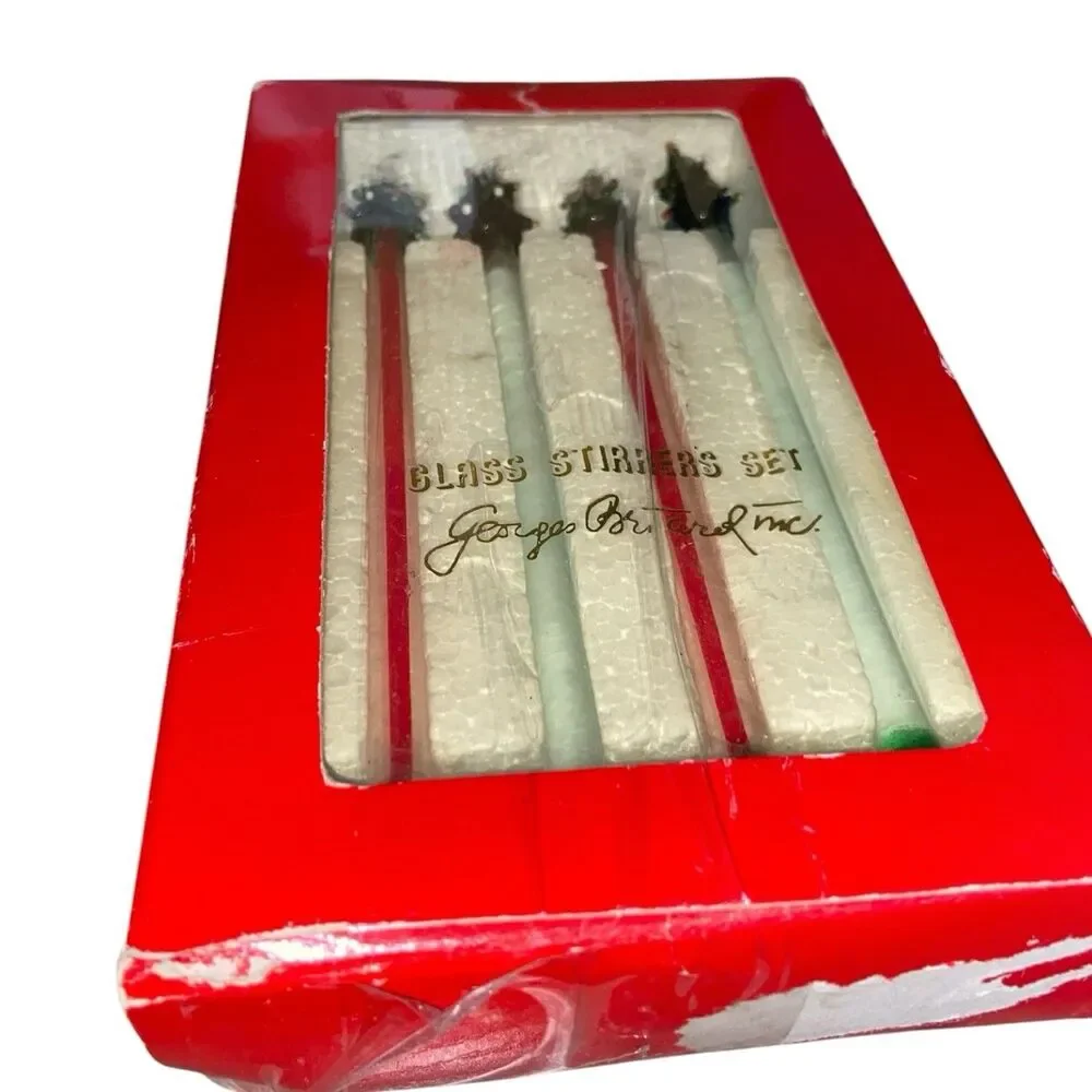 GEORGES BRIARD HAND BLOWN GLASS SET OF 4 CHRISTMAS TREES SWIZZLE STICKS STIRRERS